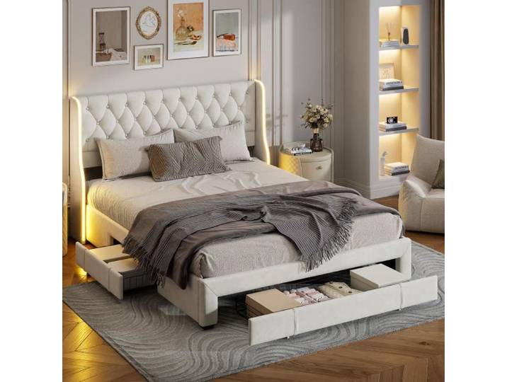 Lit double rembourré - Velours beige - 160x200cm - 3 tiroirs - LED intégrées - Style classique