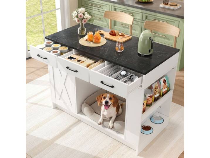 Îlot de cuisine multifonction - Blanc - 120x60x90 cm - MDF - 3 tiroirs - Étagère réglable - Étagère à épices
