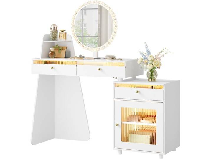 Coiffeuse blanche LED - WOLTU - Design divisé - Montage flexible - 3 tiroirs - 1 miroir rond mobile