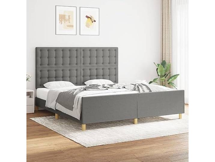 Atmungsaktiver Stoff Höhenverstellbares Kopfteil Stützbeine Grau 180x200 cm Bettgestell mit Kopfteil Dunkelgrau 180x200 cm Stoff Polsterbett verstellbar mit Lattenrost Stabile Konstruktion Schlafzimmer