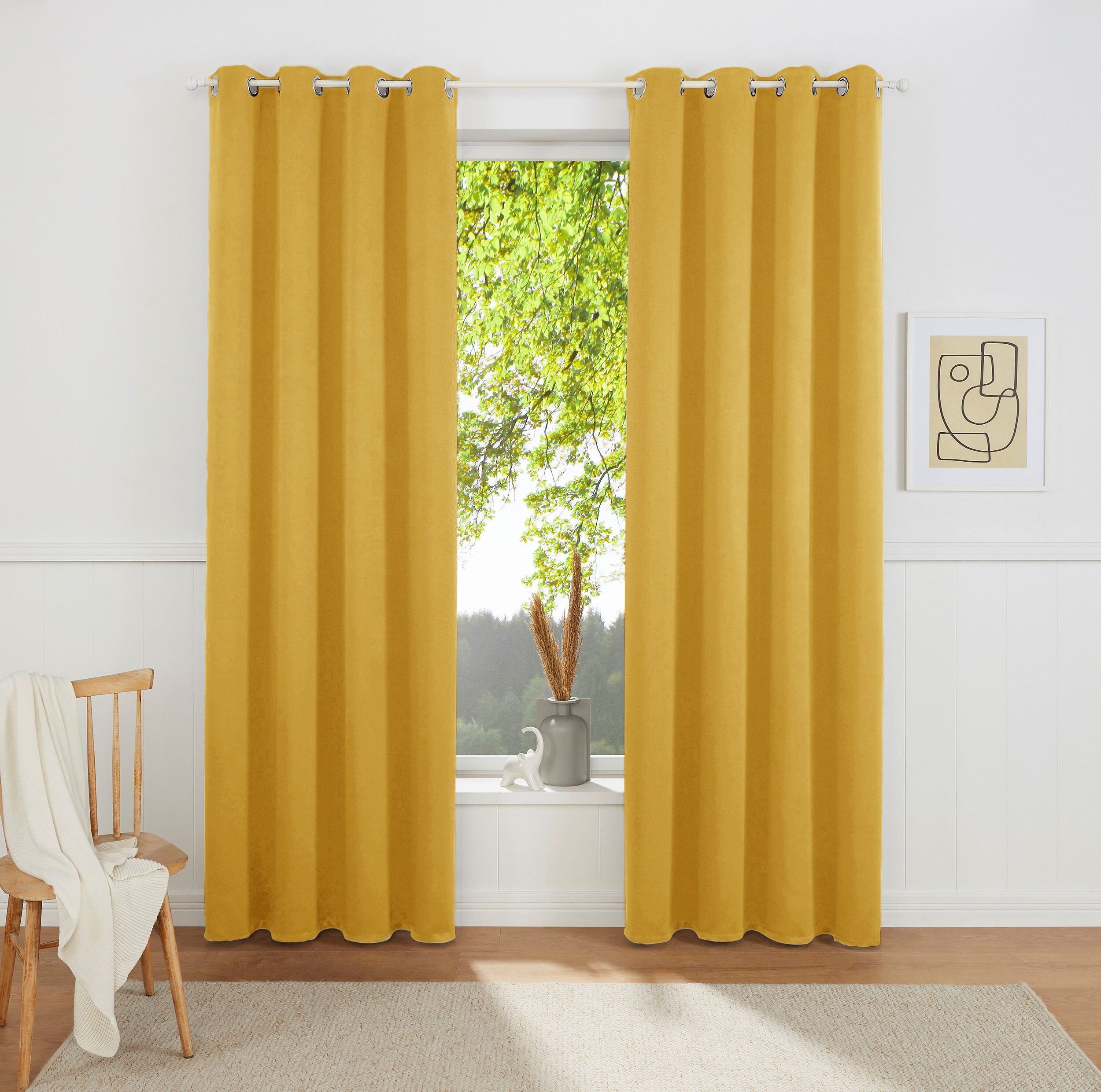 Vorhang GOODPRODUCT "SOLA mit Ösen, 1er & 2 er Pack, blickdicht/verdunkelnd, Topseller" Gr. 4, gold (goldfarben), B:130cm H:245cm, Polyester, Polyester, Gardinen, Vorhang, blickdicht, Ösen-Aufhängung, wärmeabweisend,, 1er oder 2er Set goldfarben 245cm, Ös