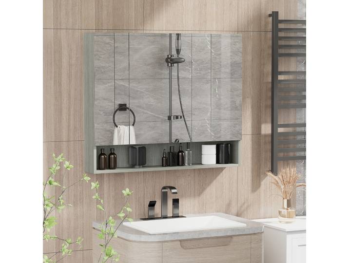 kleankin Armoire Murale Salle de Bain 3 Portes Miroir Gris 90x75cm