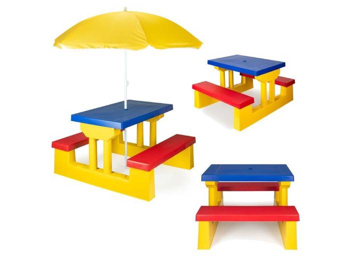 Ensemble table de pique-nique pour enfants COIL avec parasol et banc jaune bleu et rouge