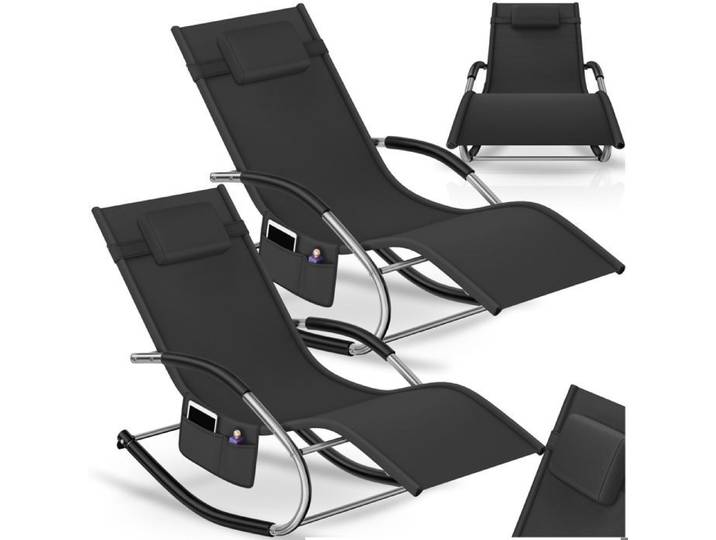 Chaise longue - TECTAKE - Lot de 2 chaises longues TAYA ergonomique et fonction de balancement résistantes aux intempéries - Noir