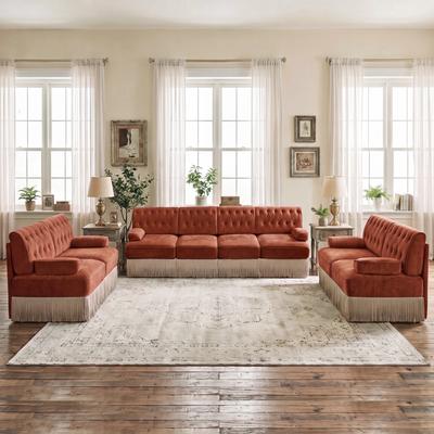 GDFStudio - Chesterfield 3-Piece Velvet Upholstered Sofa Set with Button Tuft & Tassel Skirt