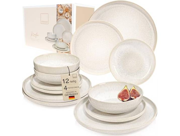 SÄNGER Korfu Geschirrset 4 Personen, Teller Set 12-tlg, Creme, Beige TEST SEHR GUT: Handmade steingut geschirr set, Ess-, Dessert- & tiefe Teller, spülmaschinengeeignet, mikrowellenfest
