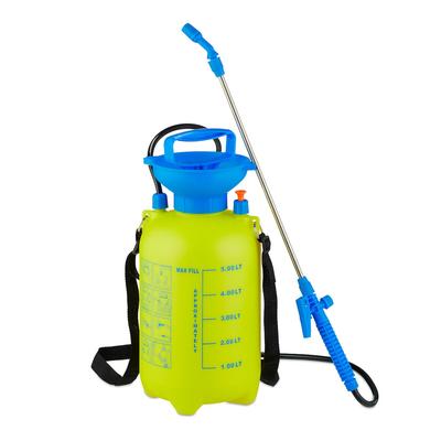 Relaxdays Drucksprüher mit Lanze, 5 Liter, verstellbare Düse, Pflanzenpflege & Reinigung, Sprühflasche Garten, gelb/blau