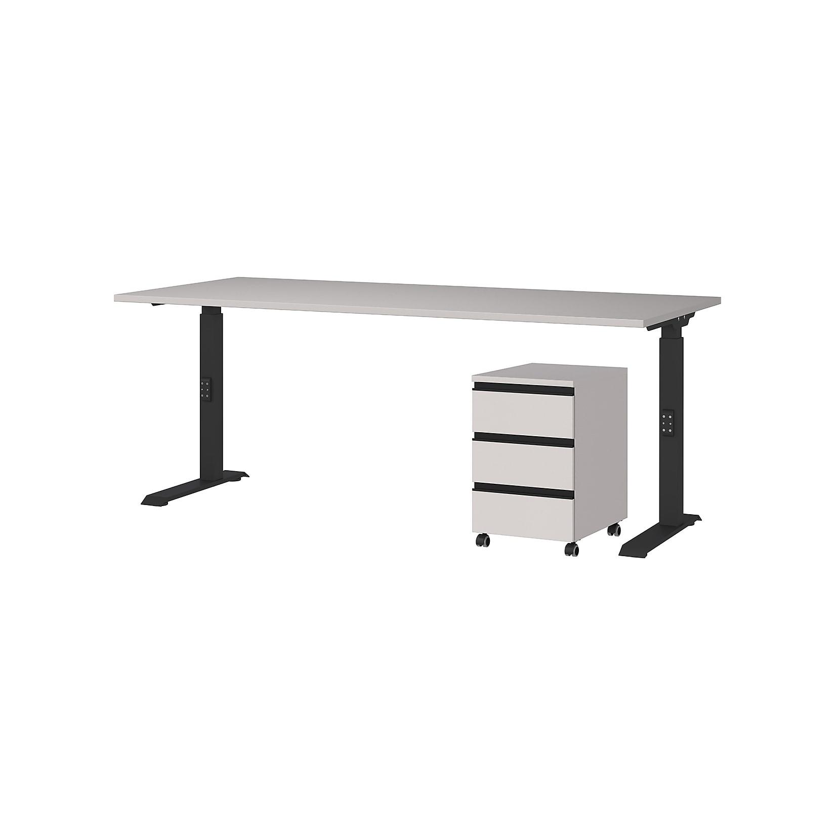 Büromöbel Set 2-teilig Schreibtisch 180x80cm & Rollcontainer Greige/Schwarz Einstellbar 68-91 cm & Soft-Close