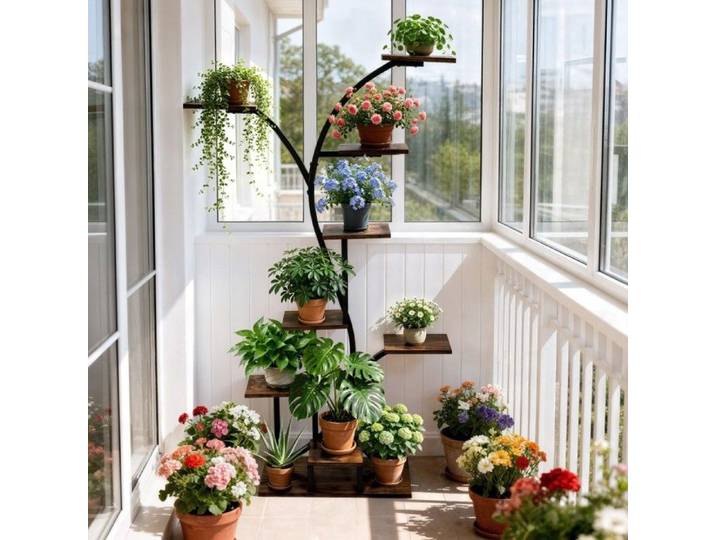 Support pour Plantes Intérieur 8 Niveaux - Meuble Plantes pour Salon Chambre Balcon - 60x30x165cm - Noir et Marron