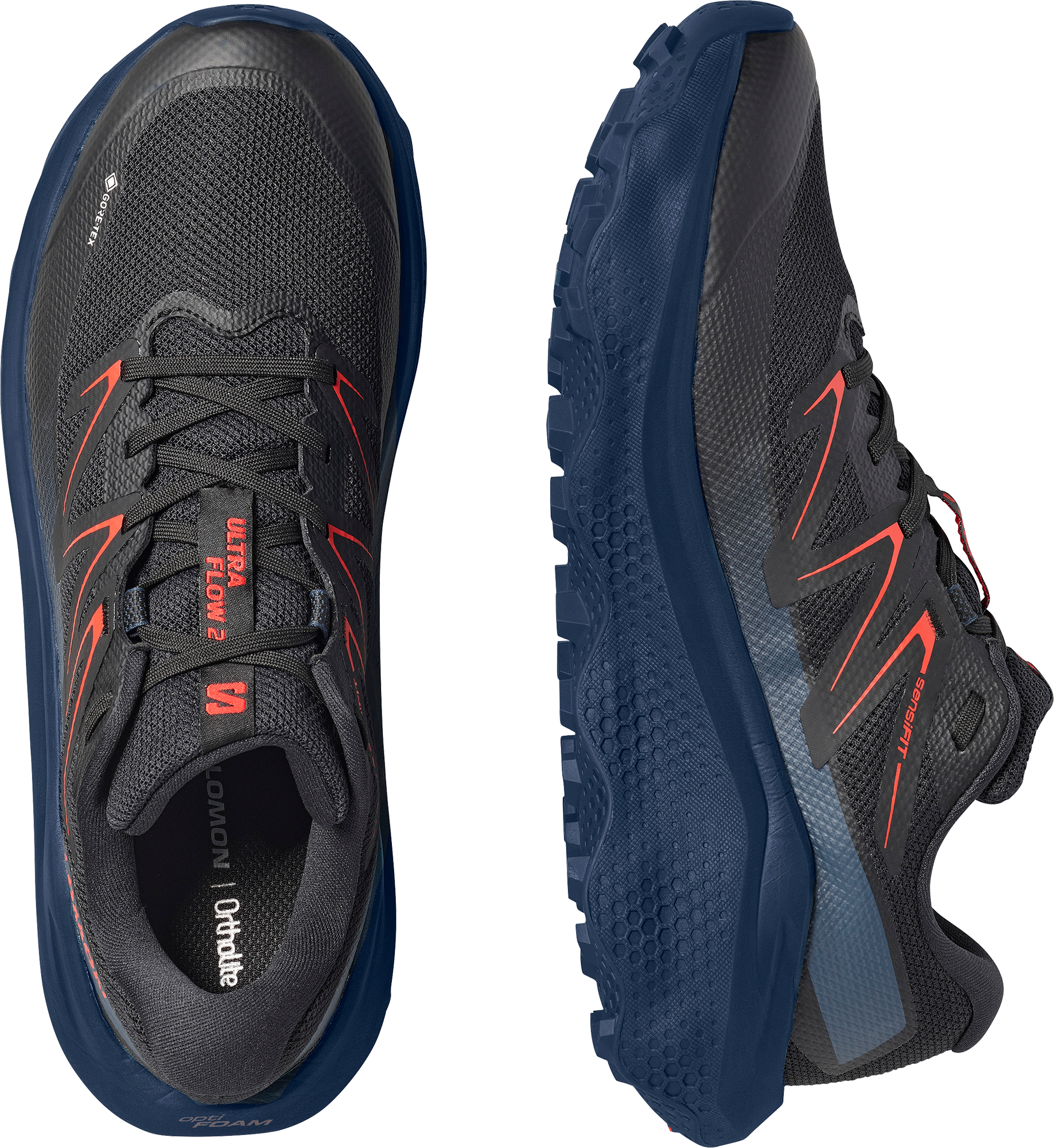Trailrunningschuh SALOMON "ULTRA FLOW 2 GORE-TEX", Herren, Gr. 44,5, blau (schwarz, spellbound, fiery rot), Synthetik, Textil, Schuhe Trailrunningschuh, wasserdicht schwarz, spellbound, fiery rot 44,5