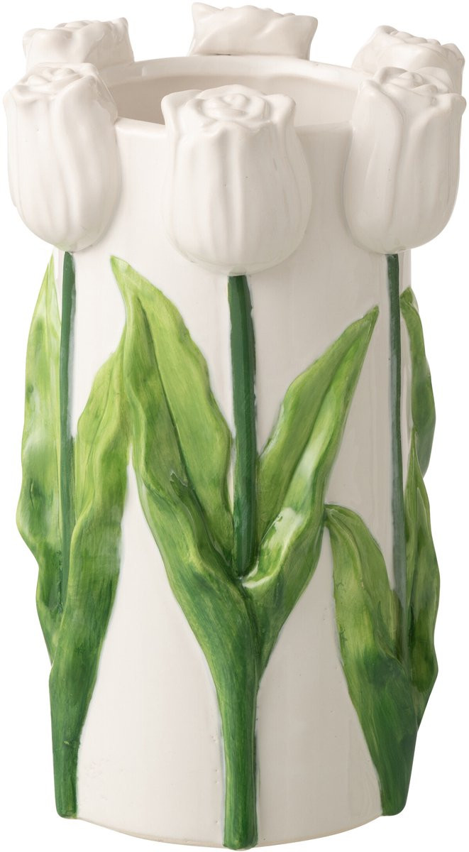 J-Line Bloempot Tulp - Keramiek - Wit/Groen - Tabletop