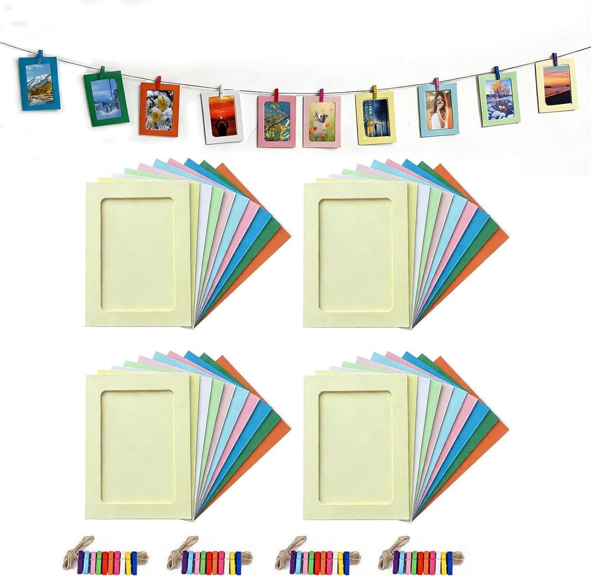 Gekleurde papieren fotolijstjes slinger met klemmen voor muurdecoratie, 40 stuks