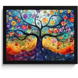 POSTER MIT RAHMEN Kunst - Baum des Lebens - Blumen - Hippie 40x30 cm