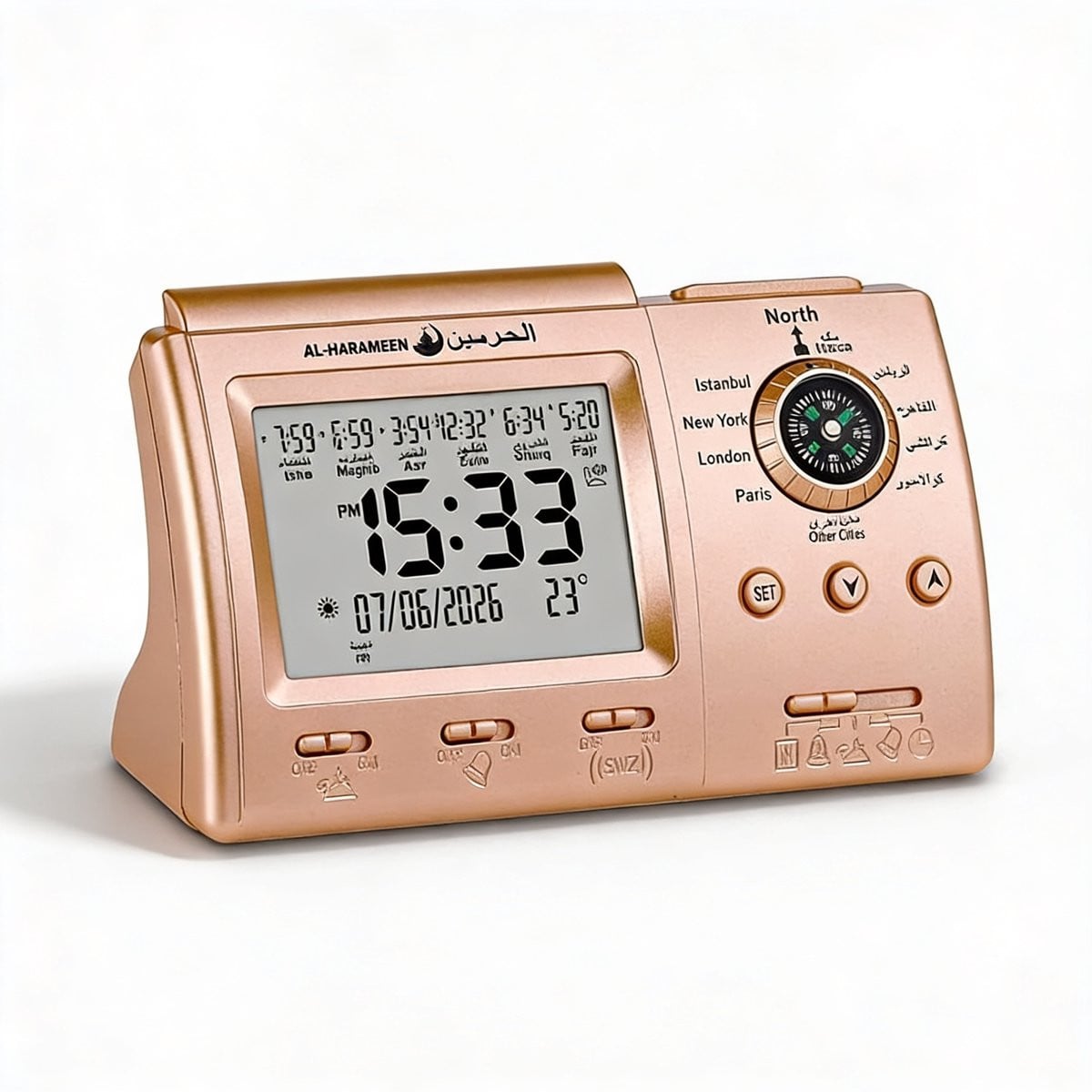 Islamitische Azan Gebedsklok met LED-display en luxe goud design voor 1150 steden