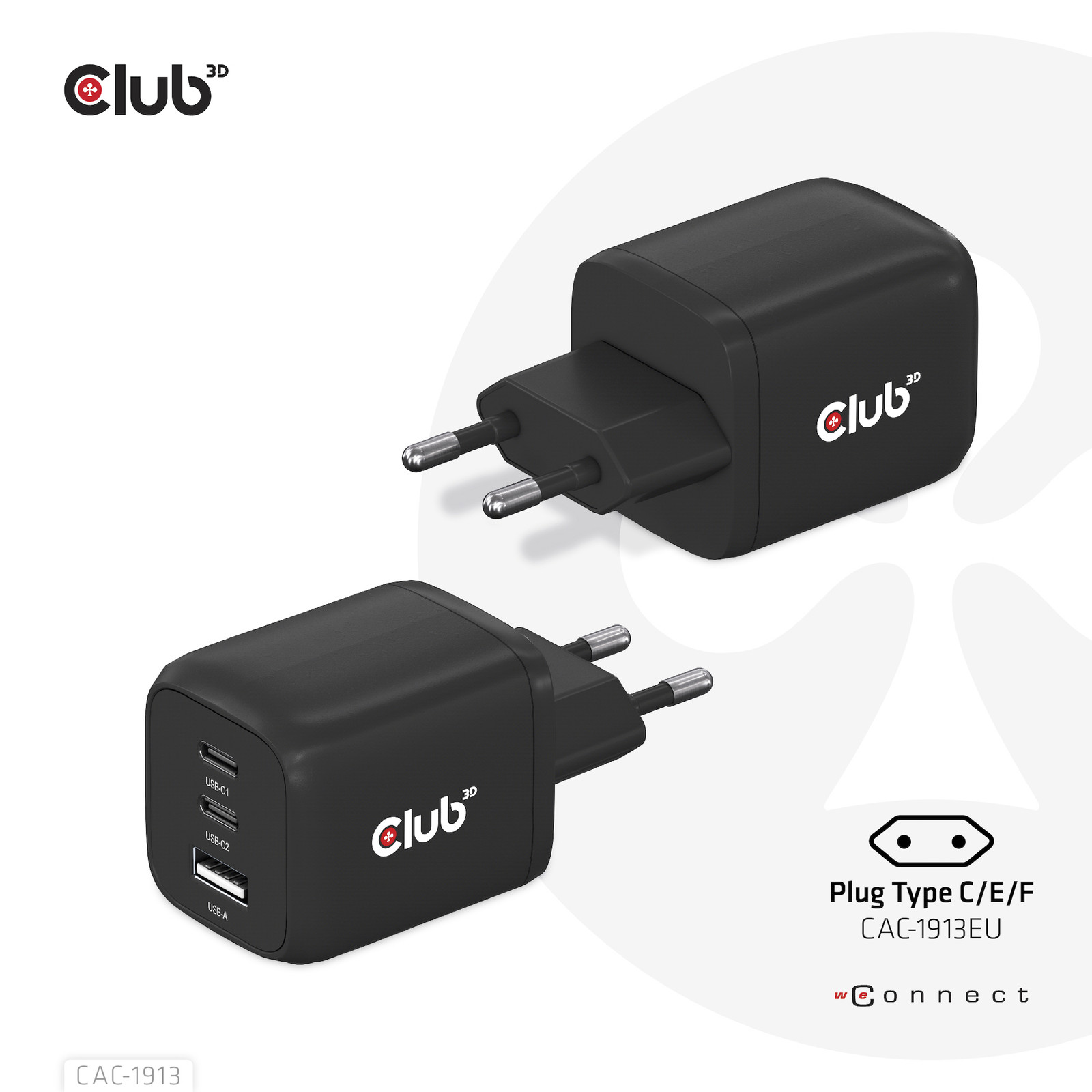 Club3D CAC-1913EU GaN Oplader met 2x USB Type-C en 1x USB Type-A, 65W PD