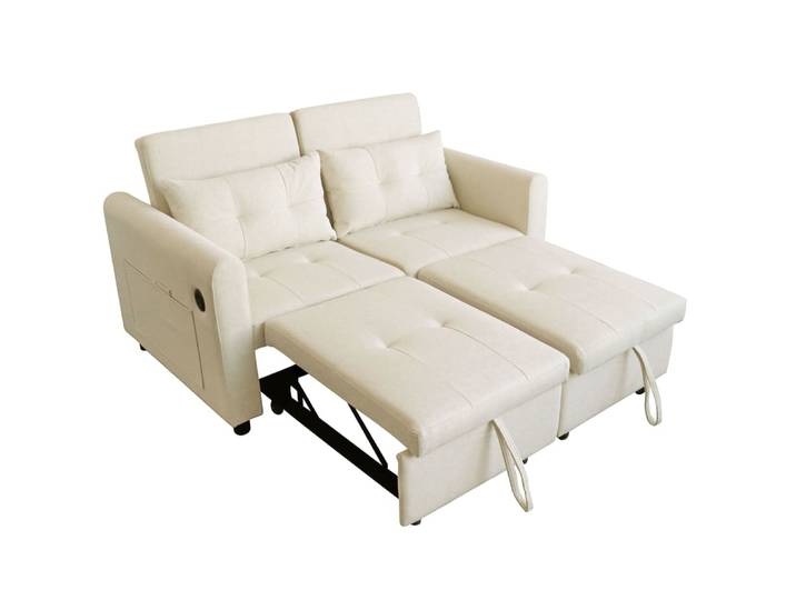 Canapé-lit 3-en-1 en tissu aspect lin beige