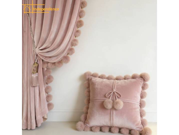 Rideaux occultants personnalisés en velours rose princesse avec boules de poils, épaissis, pour salon, chambre, fenêtre française, balcon
