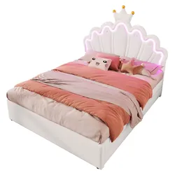 OKWISH Polsterbett 140x200 mit verstellbarem Kopfteil, 2 Schubladen und LED-Fernbedienung, Kronen-Design, elegantes Schlafzimmer, Weiß