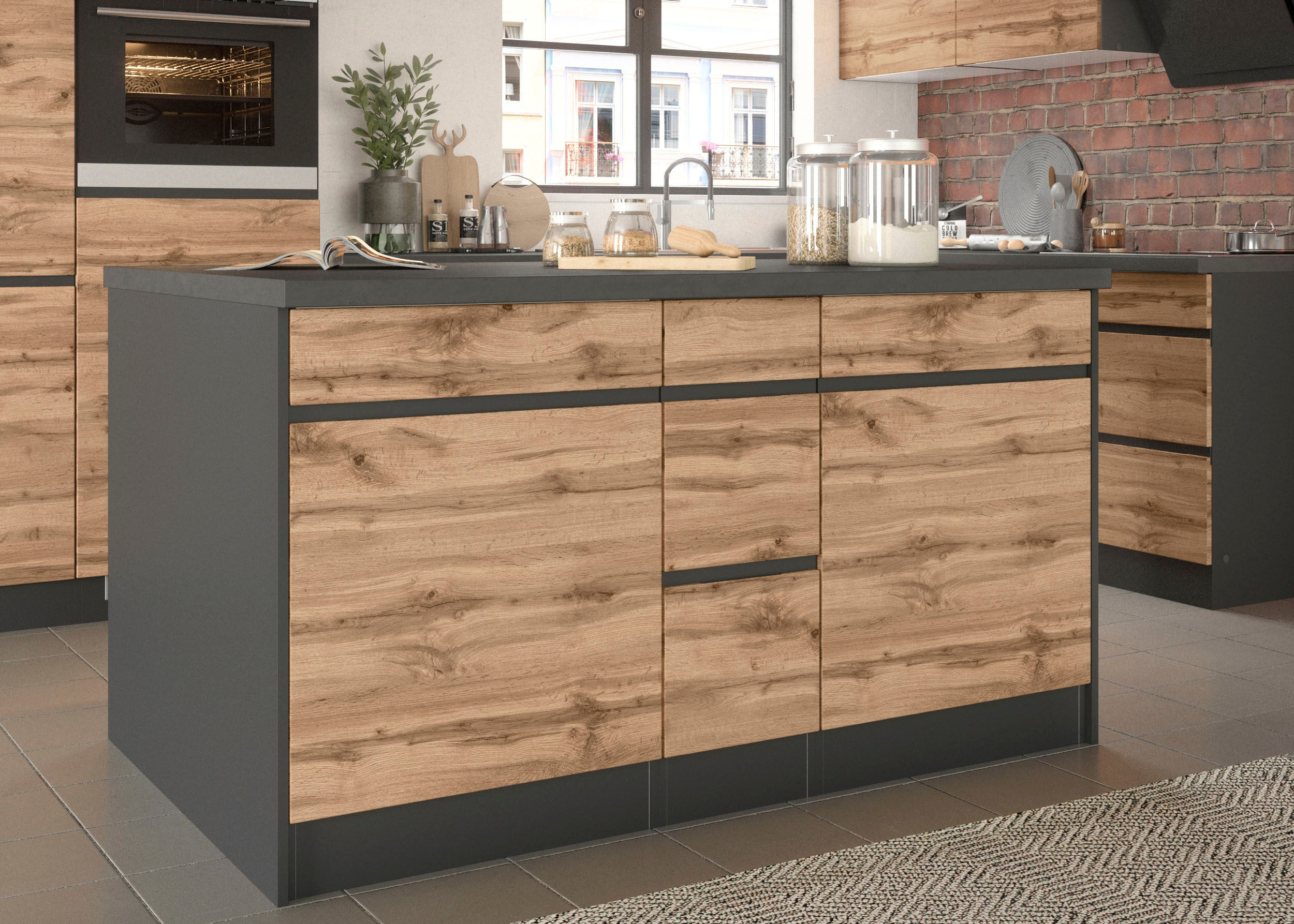 Kochinsel KOCHSTATION "KS-Riesa", grau (küche: natur, front: wotaneiche, korpus: grafitgrau, arbeitsplatte: betongrau), B:153cm H:86cm T:100cm, Komplettküchen-Sets, Kochinsel, Breite 153 cm, Tiefe 100 cm, MDF-Fronten