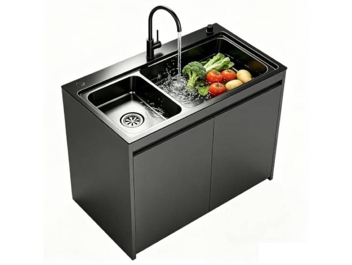Freistehendes Waschbecken aus Edelstahl mit Aufbewahrungsschrank Wabenschrank, Spüle aus Edelstahl 304, abnehmbare Schüssel, U-Siphon und Warm-/Kaltwasserhahn-Set.(Gray,80cm/31.5in)