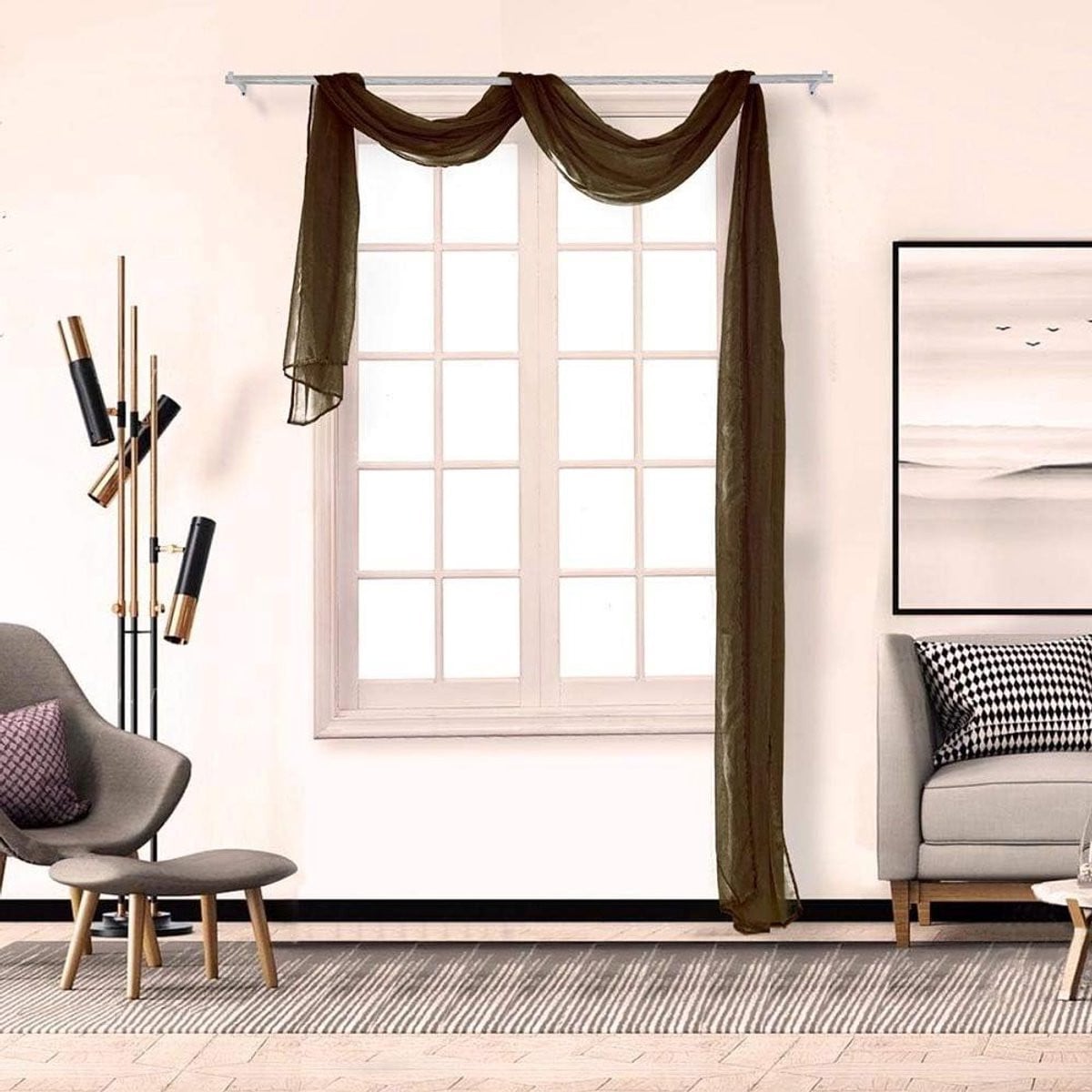 Voile Sjaal Gordijn Bruin - Transparant Gordijn Paneel voor Woonkamer Decoratie - 135 x 500 cm
