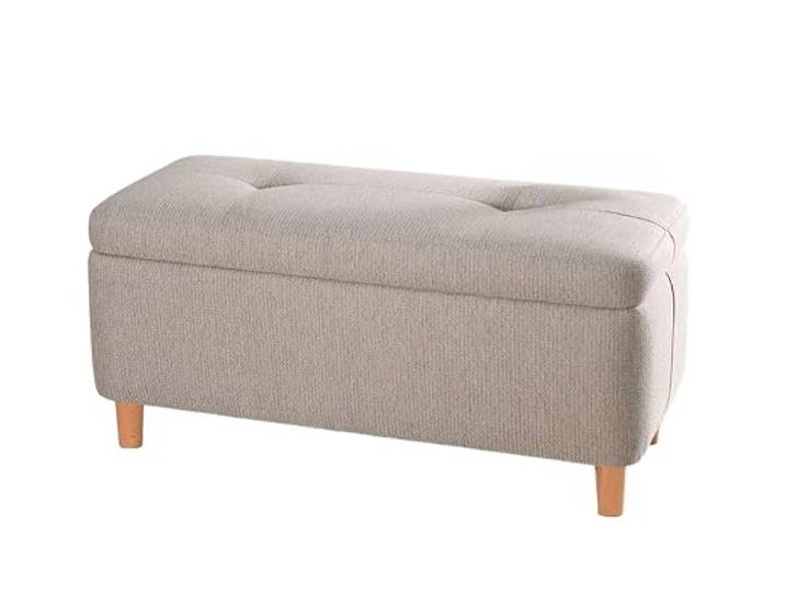Atelier Del Sofa Beigefarbener Pouf mit Beinen aus Buchenholz, 100 x 45 x 41 cm 50% Baumwolle/50% Leinen, 8 cm orthopädischer Schaumstoff Stilvoll und komfortabel für Moderne Wohnräume