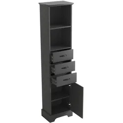 OKWISH Stand-Badezimmerschrank aus MDF, Schwarz, 38 x 26 x 172,5 cm, lackierte Oberfläche, 3 Schubladen