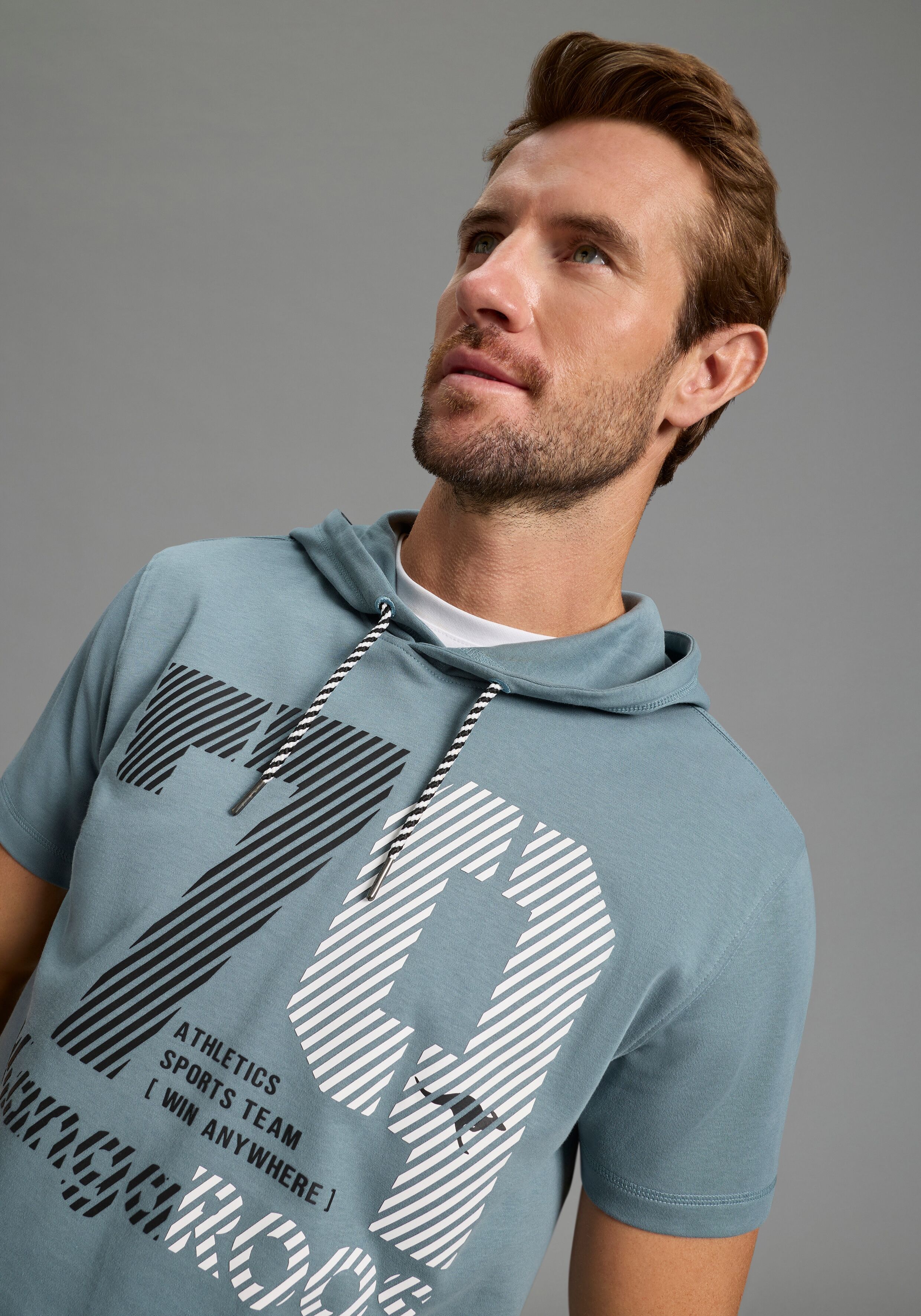 Kapuzenshirt KANGAROOS, Herren, Gr. L, blau (blaugrün), Interlock, Obermaterial: 100% Baumwolle, normal, Shirts Kapuzenshirt, mit Kapuze und angesetztem Bündchen, Halbarm-Design blaugrün L