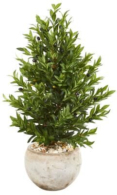 Nearly Natural 3' Olive Cone Topiary Artificial Tree in Sand Stone Planter UV Resistant (Indoor/Outdoor)