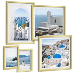 BILDER SET 5er Set - 50x50 cm & 20x30 cm & 40x60 cm Goldrahmen - Gebäude am Weißen Meer, Griechenland