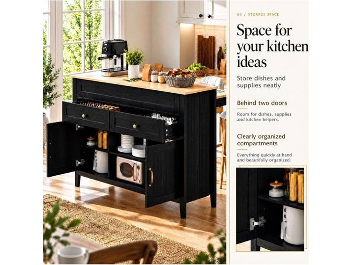 ROVRYN Îlot central de cuisine avec table extensible 2 tiroirs et rangements MDF noir plan aspect bois