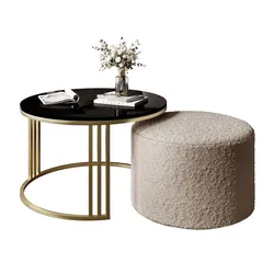 COUCHTISCH mit Hocker LORI Hochglanz gebürstetes Gold/Schwarz glänzend/Coral 50