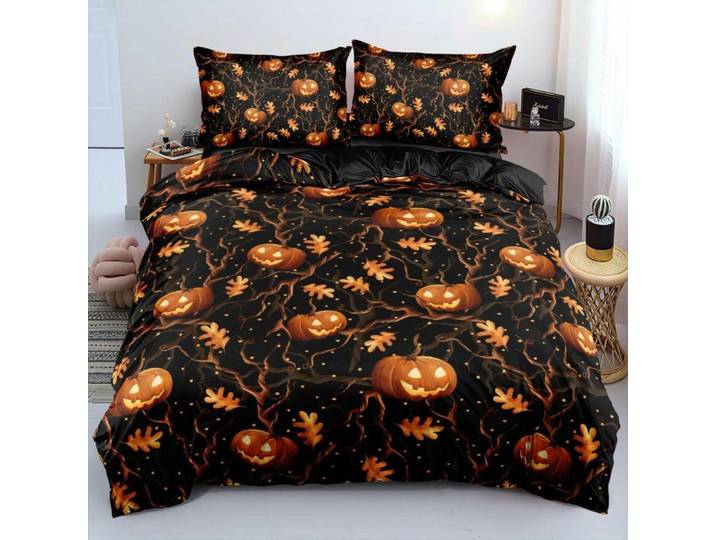 Bettwäsche-Set 4teilig 135x200 cm Halloween Kürbis Motiv, Mehrfarbig, 135x200 cm, Heimtextilien, Bettwäsche & Leintücher, Bettwäsche