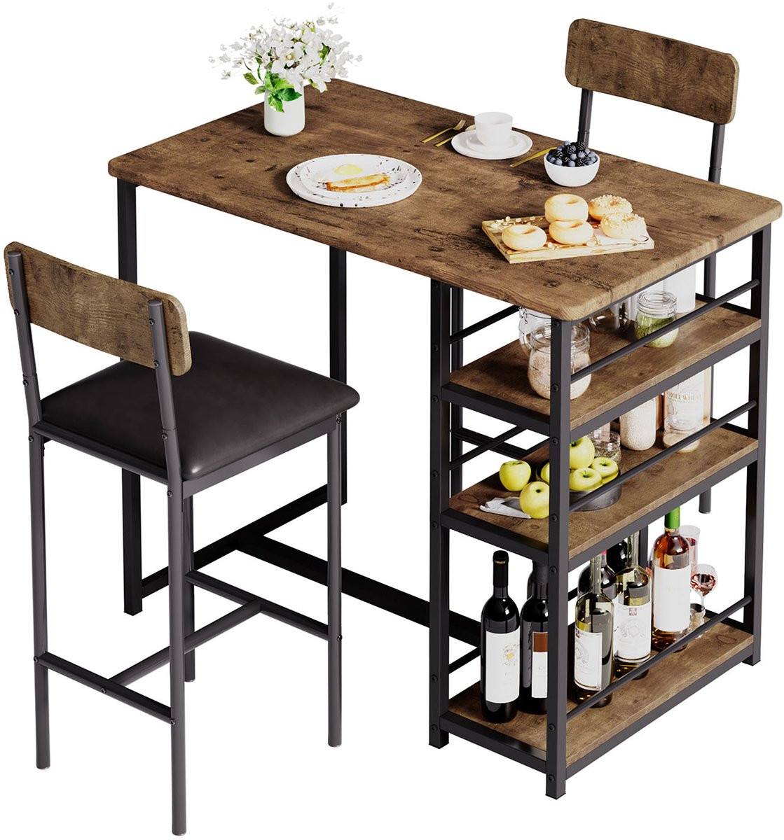 Jently Eettafelset met 2 gestoffeerde stoelen en opbergplanken - Hout/Zwart