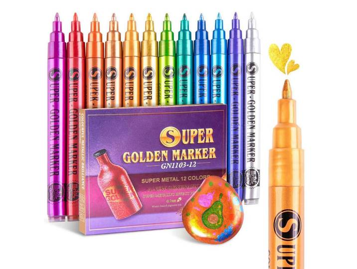 Marker-Set Metallic 12 Farben 0,7 mm Spitze, Mehrfarbig, Kunststoff, 1x1x14 cm, Dekoration, Malbedarf & Bastelbedarf