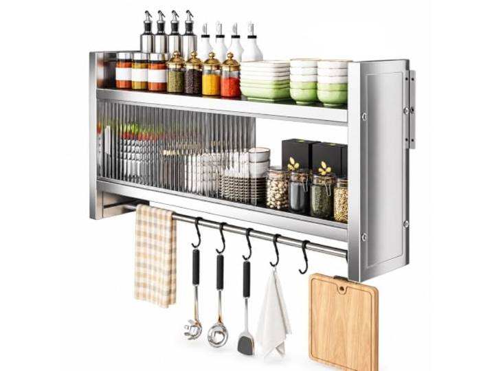 FQMYLTYN Wandschrank für die Küche, Edelstahl Schrank mit Schiebetüren Offenes oberes Regal, Kleiderstange & Bewegliche Haken, Organizer für Geschirr und Gewürze(60x32x46cm/24x13x18in)