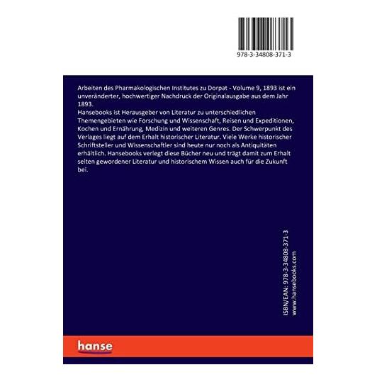 Hansebooks Arbeiten des Pharmakologischen Institutes zu Dorpat (Deutsch, Softcover, R Kobert) (49911891)