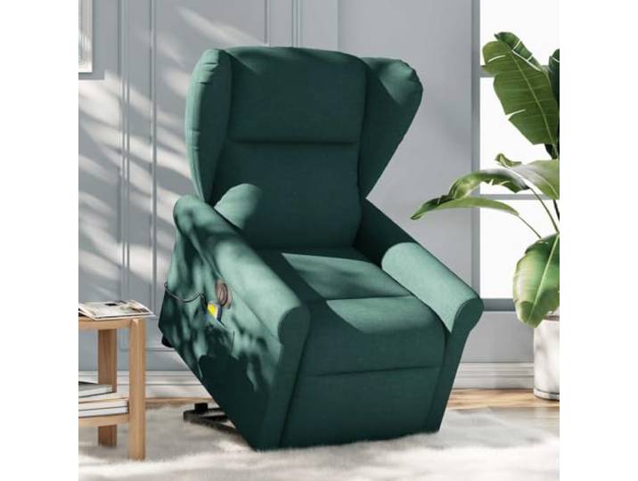 Elektrischer Aufstehsessel dunkelgrün mit Massage und Neigung Stoff 100% Polyester, Holzrahmen, Seitentasche, Fernbedienung inklusive, 135 Grad