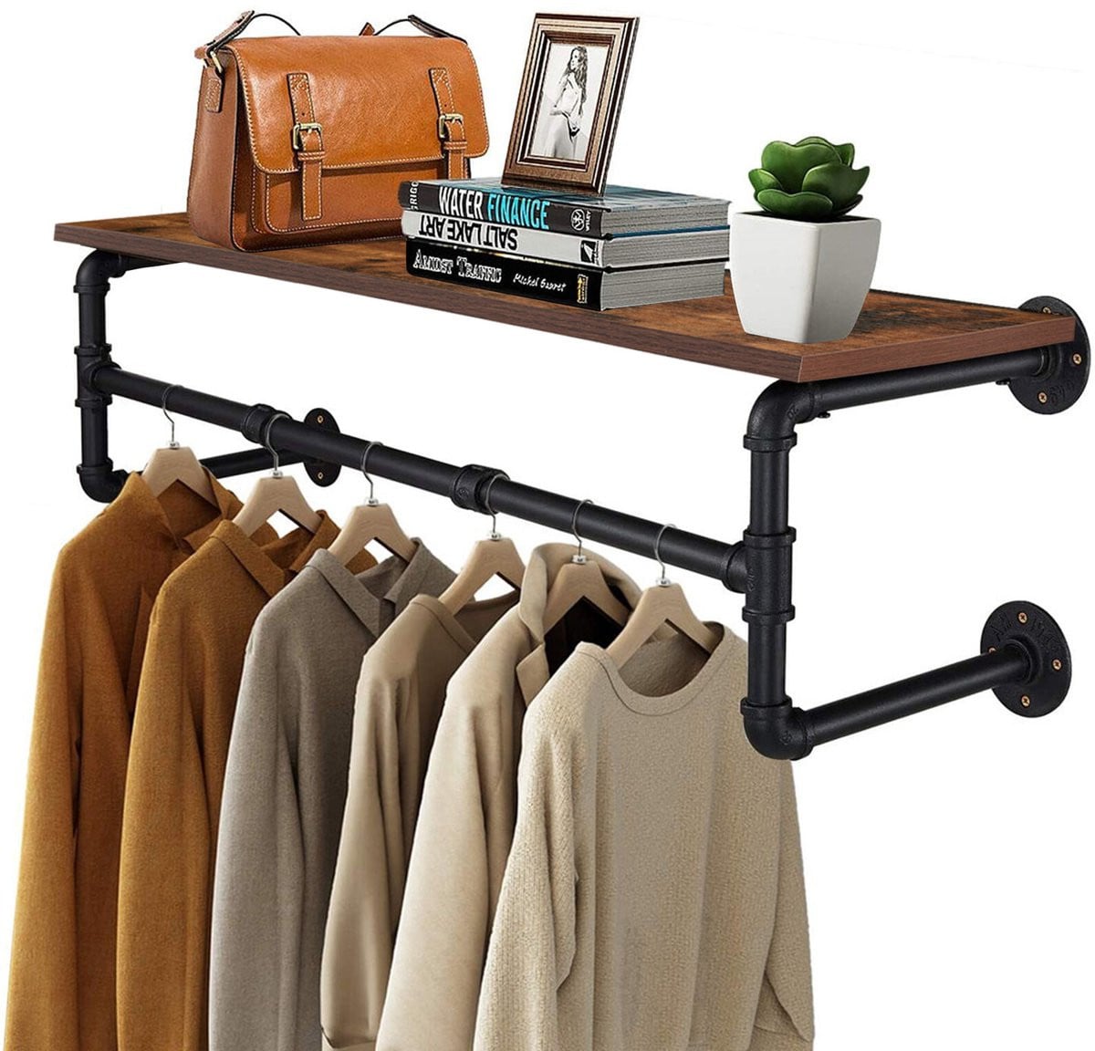 Industrieel Wandrek Kledinghanger met Houten Plank - Zwart - Hout & Metaal