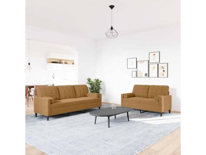 HEFZGDB 2-TLG. Sofagarnitur mit Kissen und Nackenrollen in Braun Samt – Weiches Polstermöbel für Wohnzimmer mit Metallgestell, Bequeme Sitzgruppe für Entspannung und Gemütlichkeit