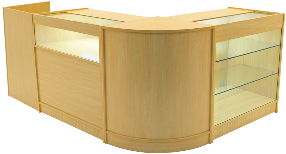 Polaris 4-delige winkelbalies set met LED-verlichting en glazen vitrinekast in esdoorn - B/D/H: 90 x 60 x 90 cm