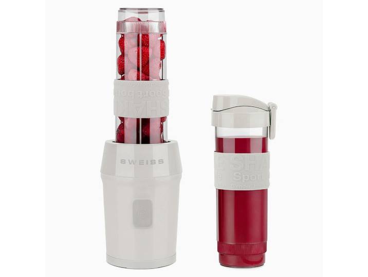 Sweiss Smoothie Maker Moov8 Beige, 2 Trinkflaschen à 570 ml mit Reisedeckeln, 4 Edelstahlklingen, 300 W, Metall, 11.3x35x15 cm, Kochgeschirr, Küchengeräte, Mixer