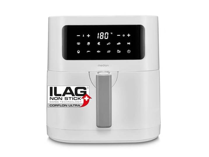 MEDION E40 XL Heißluftfritteuse MD11740 (5,2 Liter, Airfryer, 2.150 Watt, 9 Automatikprogramme, Backfunktion, ölfreies Frittieren, Touch Bedienfeld, LED Anzeige) weiß