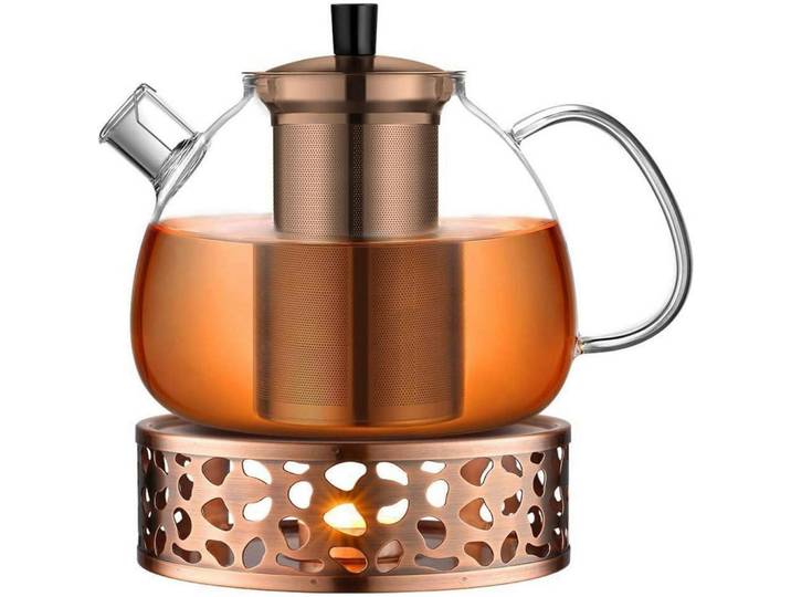 Teekanne mit Teewärmer 1500 ml Glas Edelstahl Kupferfarben, Bronzefarben, 19.2x19.2 cm, Geschirr, Kannen & Karaffen, Teekannen