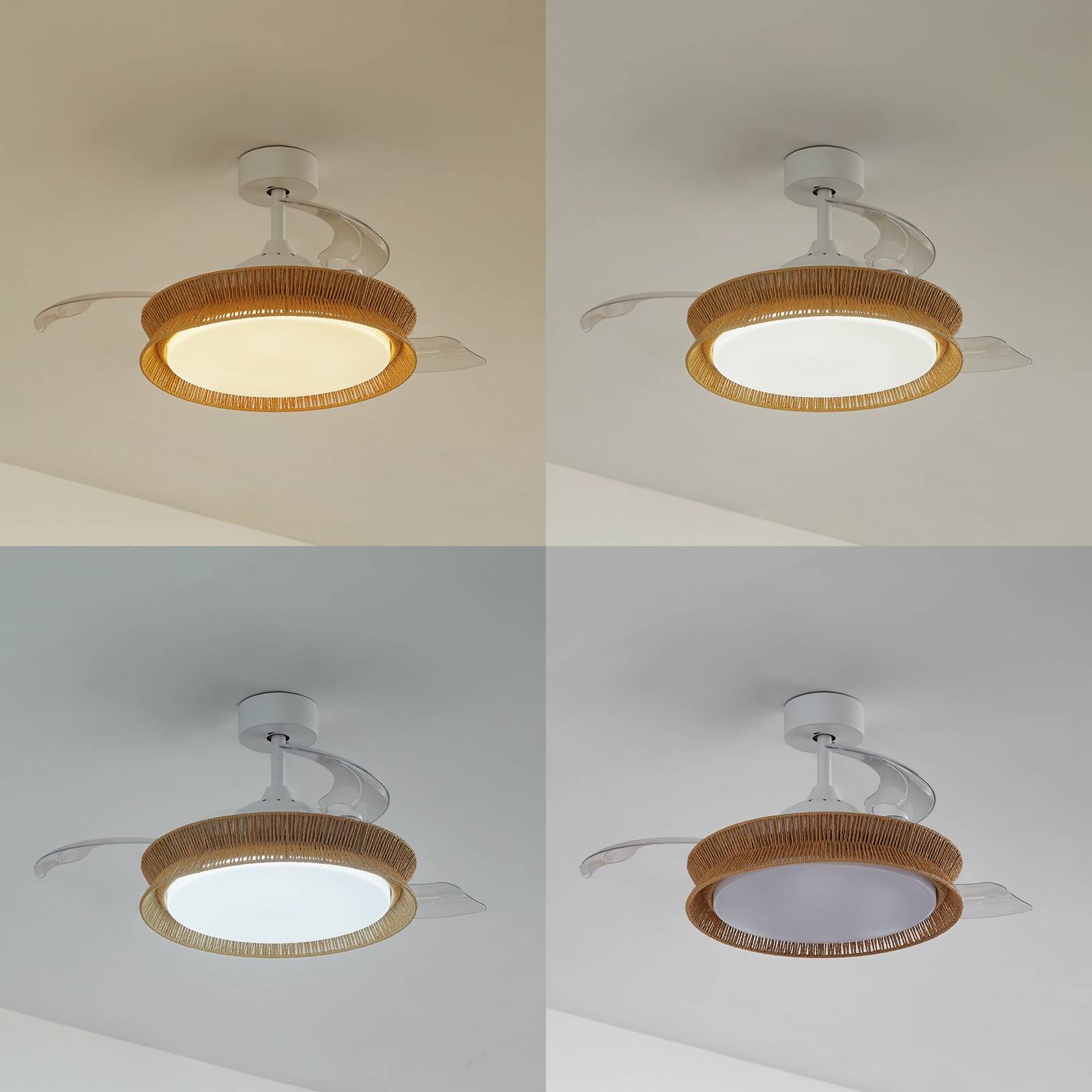 Lucande LED-Ventilator Lineta, weiß, Seil, Ø 103 cm, leise Lineta Lucande, dimmbar, Holz hell, für Wohn- / Esszimmer, Holz, Landhaus / Rustikal