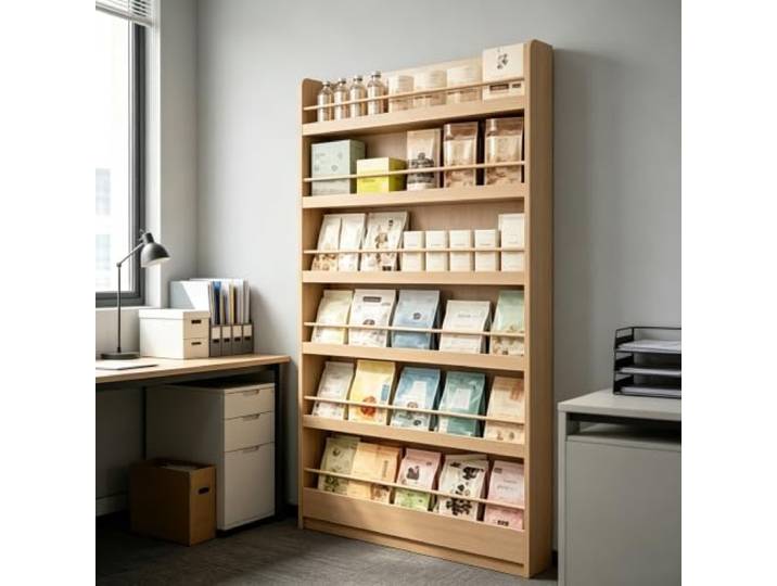Freistehendes, abgewinkeltes Holzregal zur Präsentation verpackter Waren Freistehender abgewinkelter Holz-Organizer zur Aufbewahrung verpackter Waren(Width:39.37in)