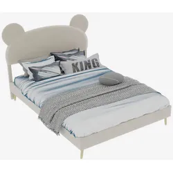MODFU Modernes Minimalistisches Gepolstertes Bett 140x200 cm mit Cartoon-Kopfteil in Beige - Multifunktionales Schlafzimmermöbel
