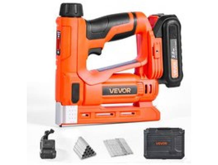 VEVOR Agrafeuse Cloueuse Électrique 2-en-1, Cloueur Calibre 18, 15 mm, avec 1000 Clous et 1000 Agrafes, Poignée en Caoutchouc Antidérapante, avec Batterie et Chargeur, pour Travail du Bois, Orange