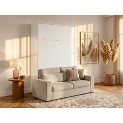 Schrankbett + Sofa - 160 x 200 cm - Manuelle vertikale Öffnung - Mit LED-Beleuchtung - Weiß - RAPILI
