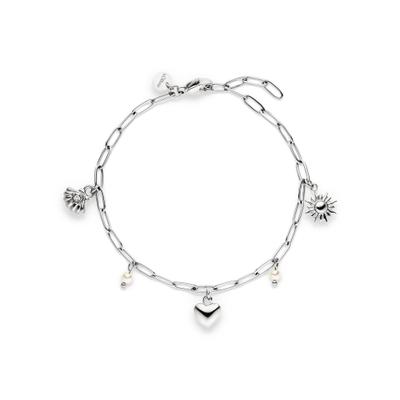 Armband S.OLIVER "Summer Charms, Muschel-Optik, Herz, Sonne", silber (edelstahlfarben, kristallweiß, weiß, kristallweiß), Armbänder, Damen, 21cm, Edelstahl Perlen, Edelstahl, Perlen, Armband, mit Zirkonia (synth.) - mit Perle (imitiert)